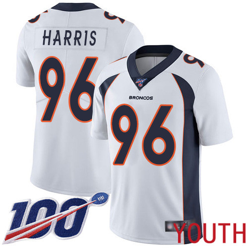 Youth Denver Broncos 96 Shelby Harris White Vapor Untouchable Limited Player 100th Season Football NFL Jersey